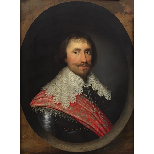 Portrait of Robert de Vere, 19th Earl of Oxford, bust-length, in armour with a lace collar and red sash, within a painted oval
